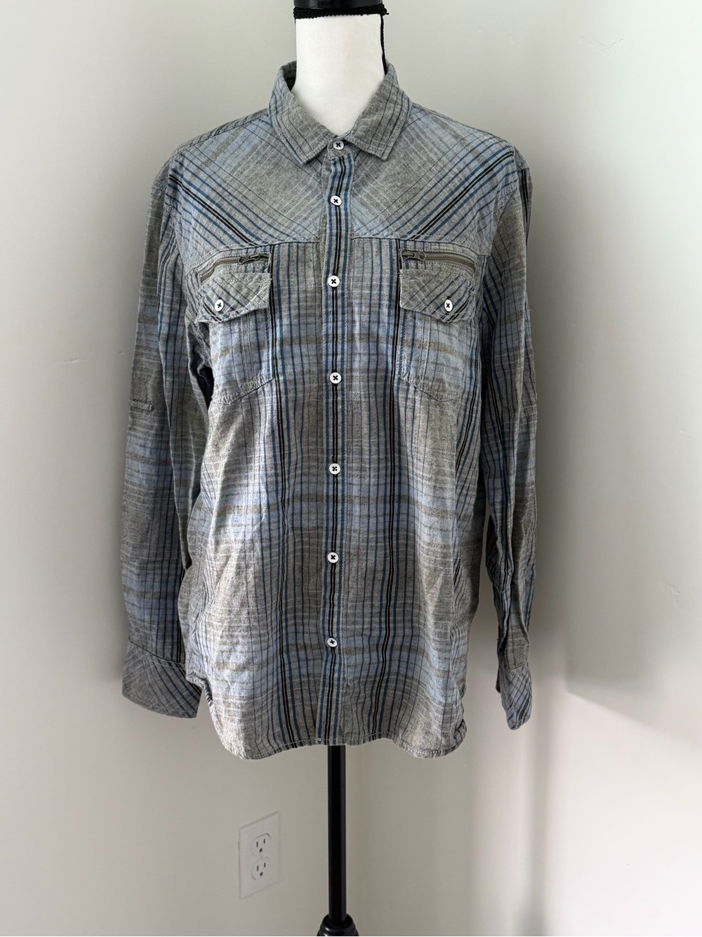 INC International Concepts Gray and Blue Plaid Button-Down Shirt
